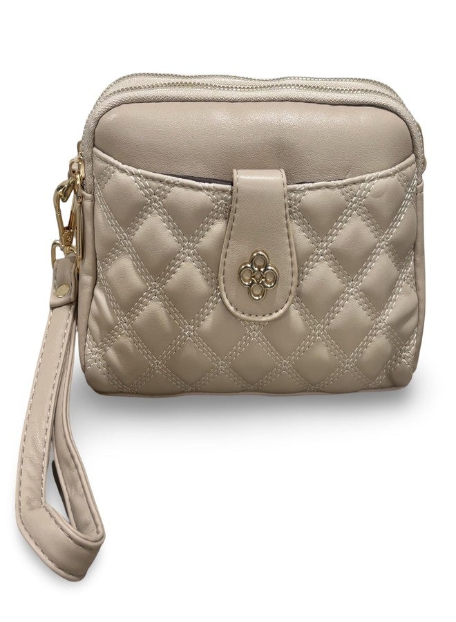 GLOSSY Quilted PU Sling Bag For Women, 2 Zip Compartments with Detachable Straps (Beige) - Image 3